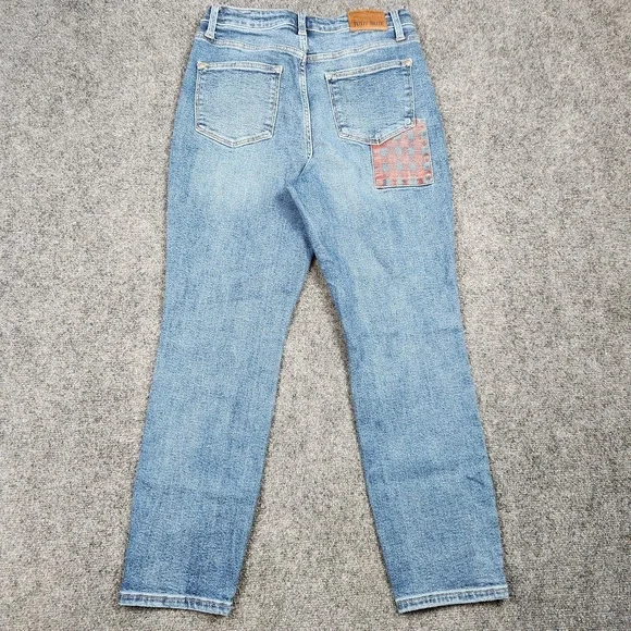 Judy Blue‎ Jeans Womens 9 29 Medium Wash Straight Plaid Patch Denim - Picture 2 of 9